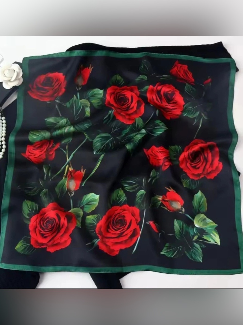 New black rose silk scarf 53cm